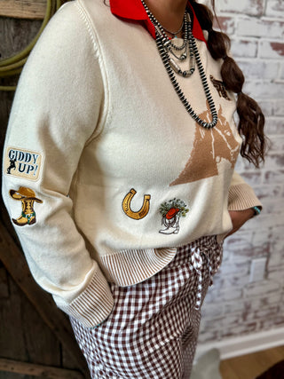 Cowgirl Graphic Knit Cropped Sweater – Western Horse & Rodeo Icons