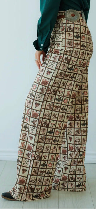 Howdy Hanny-Vintage Western Square Print High Waist Wide Leg Pants