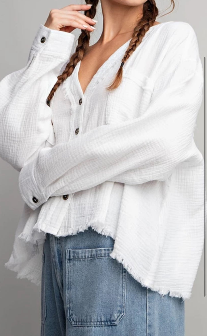 White Cotton Gauze Button Down Crop Shirt