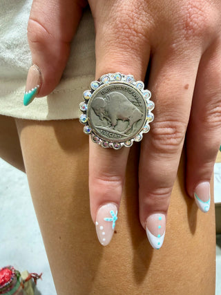 Buffalo Nickel Statement Ring | Western Coin Rhinestone Adjustable Ring