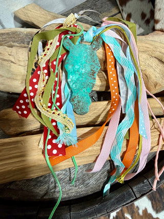 Western Turquoise Concho Purse Charm with Ribbon Fringe | Cowhide Bag Accessory Boho Southwestern Keychain