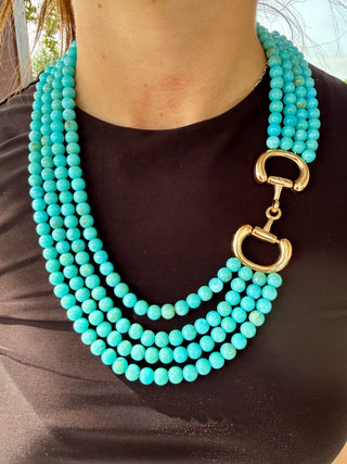 Turquoise Beaded Multi-Strand Necklace with Gold Snaffle Bit Clasp | Western Statement Necklace