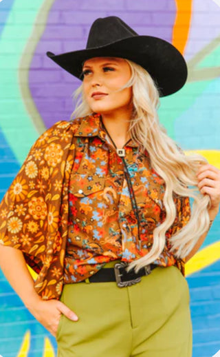 Retro Floral Western Pearl Snap Blouse with Cowgirl Flair – Bold Vintage