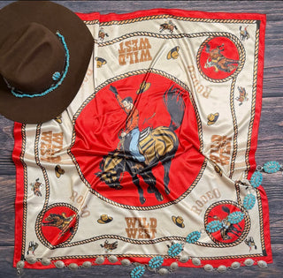 Silk Bronc Rider Wild Rag Scarf – 36” x 36” Western Rodeo “Wild West” Cowgirl Scarf