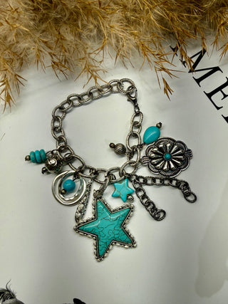 Multi-Charm Turquoise Bracelet | Western Star & Concho Chain Bracelet