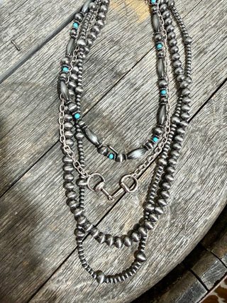 4 Strand Faux Navajo Pearl Snaffle Bit Necklace | Layered Western Cowgirl Statement Necklace