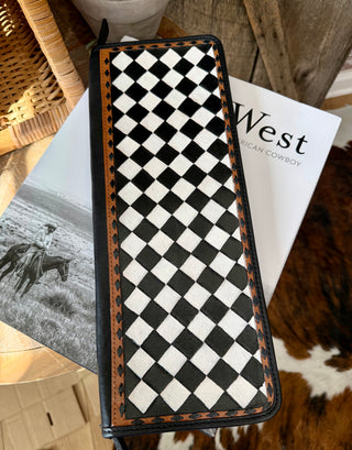 Genuine Leather Checkered Jewelry Travel Wallet – Black & White Western Organizer