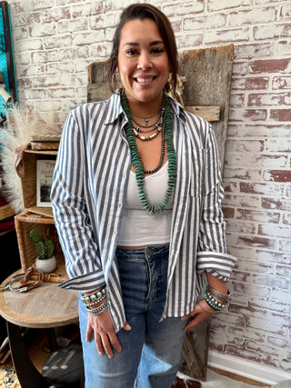 Navy & White Striped Button Down Shirt