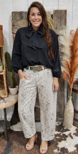 Kancan Brindle Cow Print Barrel Jeans-Horseshoe Style