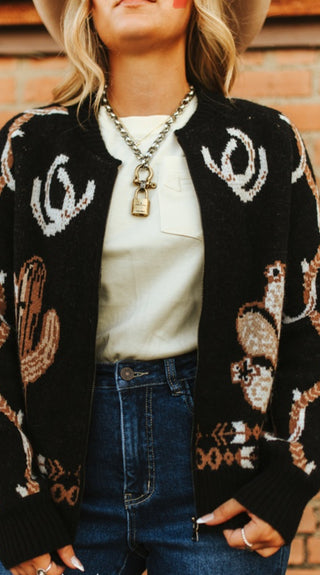 BLACK CACTUS HORSESHOE KNIT ZIP-UP SWEATER