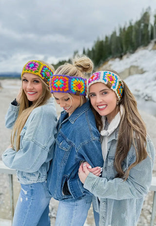 Fur Lined Crochet Granny Square Beanie Bands – Colorful Retro Ear Warmers