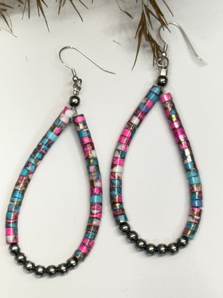 Cotton Candy Teardrop Earrings | Pink & Turquoise Beaded Western Earrings-Sterling Silver