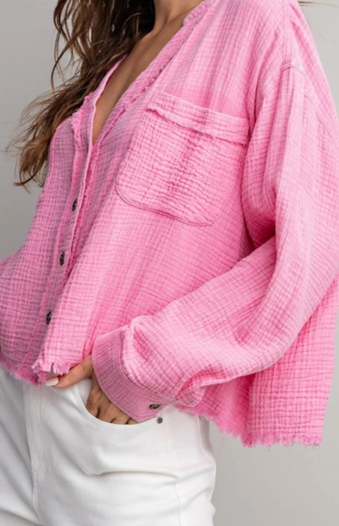 Bubble Gum Pink Gauze Button Down Shirt