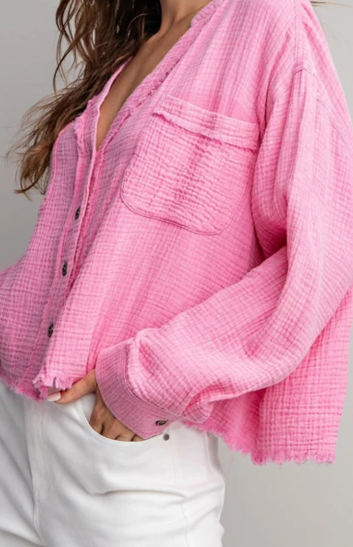 Bubble Gum Pink Gauze Button Down Shirt