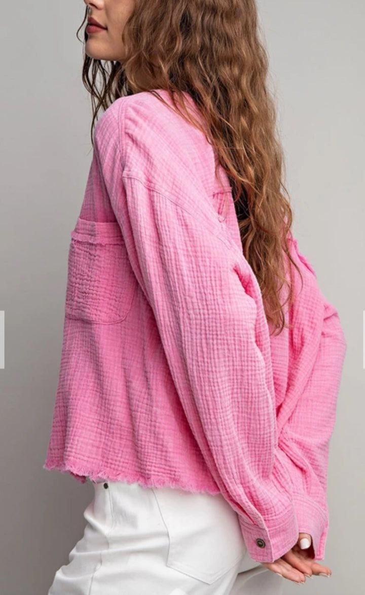 Bubble Gum Pink Gauze Button Down Shirt