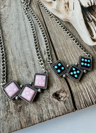 Western Dice Necklace – Pink or Turquoise Dice Statement Jewelry