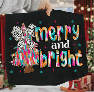 Merry & Bright Christmas Sweatshirt – Brushstroke  Tree & Leopard Bow Graphic Holiday Shirt