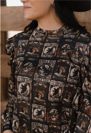 Prairie Playbill Western Top – Vintage Rodeo Poster Print Blouse