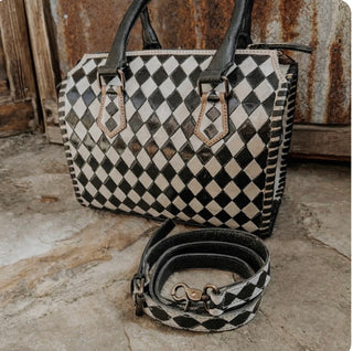 Bailey Checkered Speedy Bag | Black & White Checkered Leather Western Handbag | Crossbody Satchel