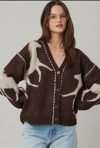 Brown Knit Horse Cardigan with V-Neck & Button Front – Western Style Sweater