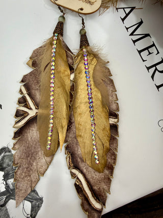 A Rare Bird Leather Feather Earrings with Iridescent Crystal Detail