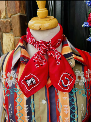 Red Western Wild Rag Bandana with Horse & Horseshoe Patch Accents