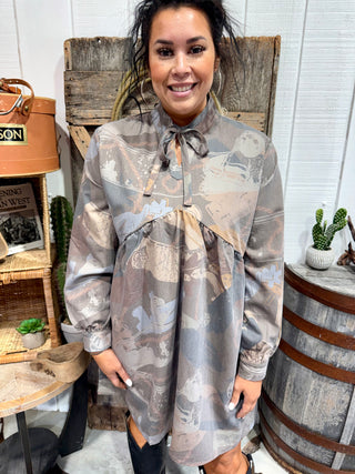 Get Rowelldy Dress by 2 Fly Co – Western Cowgirl Print Tie Neck Mini Dress