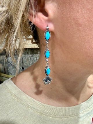 Sterling Silver & Sleeping Beauty Turquoise Dangle Earrings with Navajo Pearls & Concho Flower