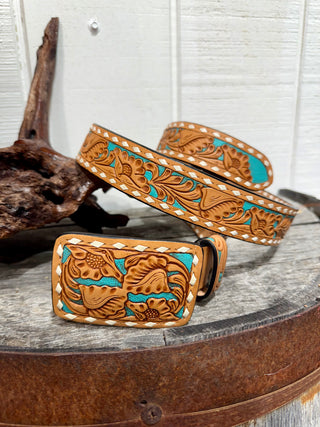 Hand-Tooled Western Turquoise Leather Belt with Buck Stitch Detail – Floral Carved Cowgirl Belt-139