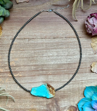 Raw Turquoise & Sterling Silver Pearl Necklace – 15” + Extender