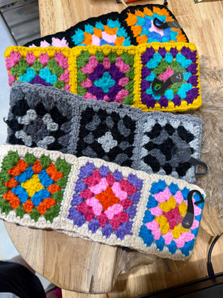 Fur Lined Crochet Granny Square Beanie Bands – Colorful Retro Ear Warmers