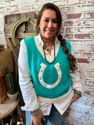Turquoise V Neck Horseshoe Sweater Vest