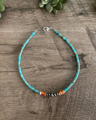 Kingman Turquoise & Spiny Oyster Heishi Necklace with Sterling Silver Accents | Southwestern Jewelry