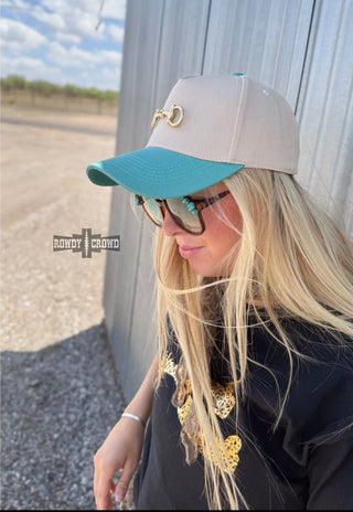 3” Gold Snaffle Bit Snapback Cap | Western Turquoise & Khaki Hat