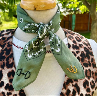 Olive Lucky Horseshoe Embroidered Western Wild Rag