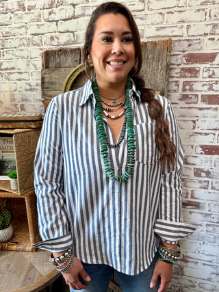 Navy & White Striped Button Down Shirt