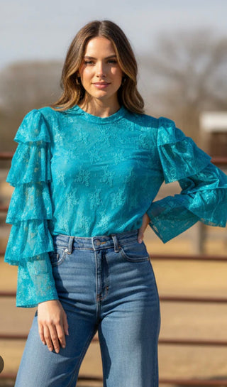 Turquoise Lace Ruffle Sleeve Mesh Top | Western Boutique Blouse