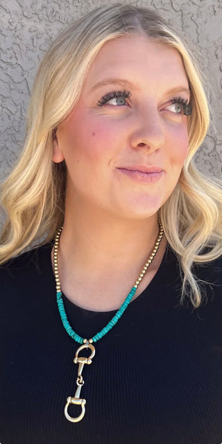 21.5” Gold Horse Bit & Turquoise Bead Necklace | Western Statement Necklace for Women