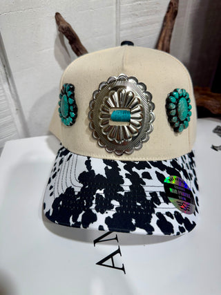 Turquoise Concho Cow Print Western Trucker Hat