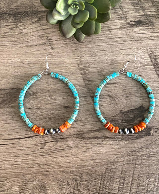Turquoise Heishi Hoop Earrings with Orange Spiny & Sterling Silver Beads | Western Boho Jewelry