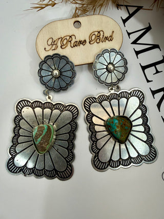 A Rare Bird Tibetan Silver Concho Earrings with Turquoise Stone