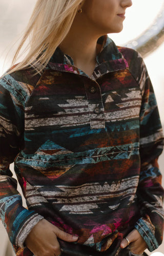 Mount Whitney Aztec Henley Pullover – Cozy Southwest Print Top