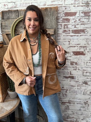 Saddle Tan Western Stitched Barn Jacket – Horseshoe & Horse Embroidery