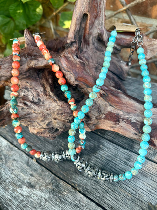 Turquoise & Orange Beaded Necklace with Silver Accents – Western Cowgirl Jewelry