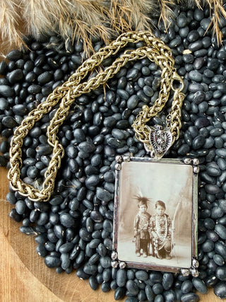 Vintage Western Native American Children Heritage Photo Necklace – Gold Chain Statement Pendant | Cowgirl Boho Jewelry