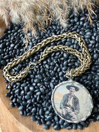 Vintage Cowboy Photo Pendant Necklace on Chunky Brass Chain | Hand Soldered Western Boutique Statement Jewelry