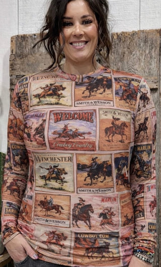 long-sleeve mesh top with cowboy-collage themed graphics 