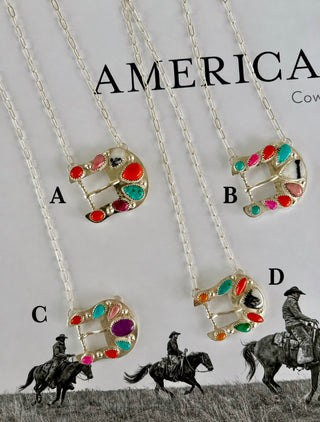 Multi Stone Belt Buckle Necklace- Silver Plated -Authentic Stones 