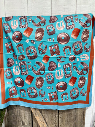 Western Buckle Wild Rag – Turquoise & Rust Cowboy Print Scarf