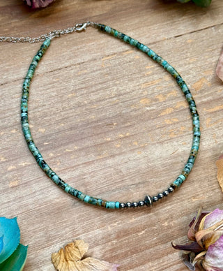 African Turquoise Heishi & Sterling Silver Pearl Necklace